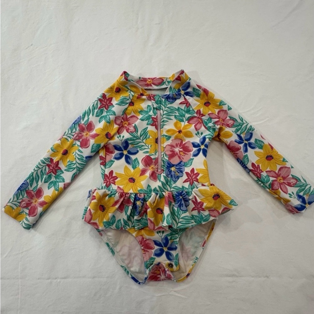 Girls 12-18m Long Sleeve One Piece With Ruffle Butt And Flowers Swimsuit